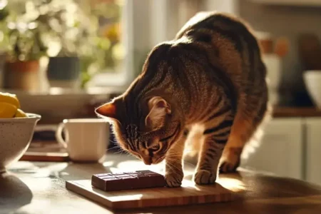 Chat reniflant du chocolat dans la cuisine